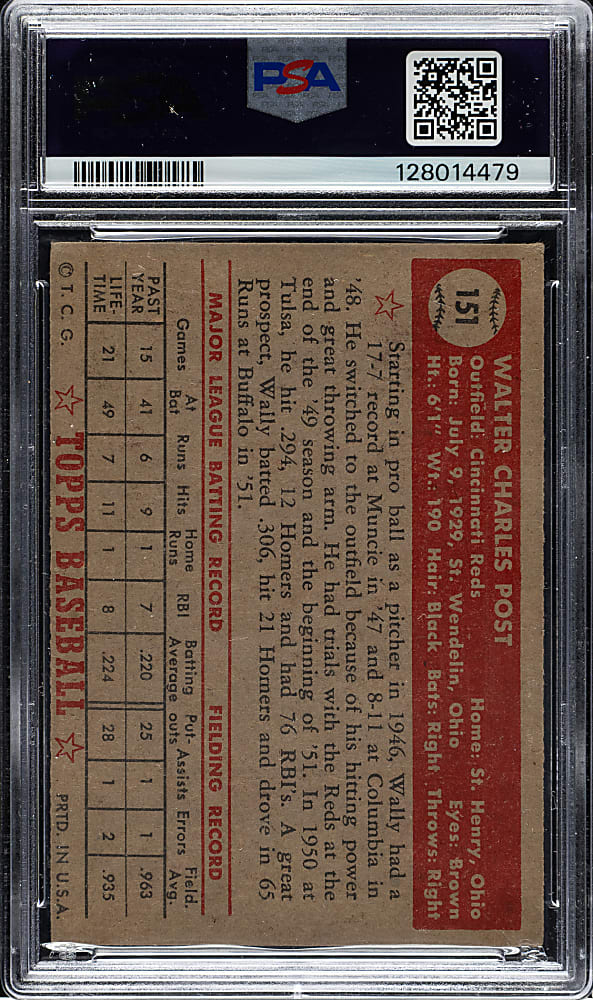 1952 Topps #151 Wally Post PSA VG-EX 4 - "Canadian" Gray Back