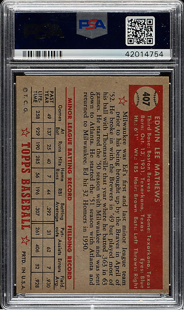 1952 Topps #407 Ed Mathews Rookie High Number PSA EX-MT 6