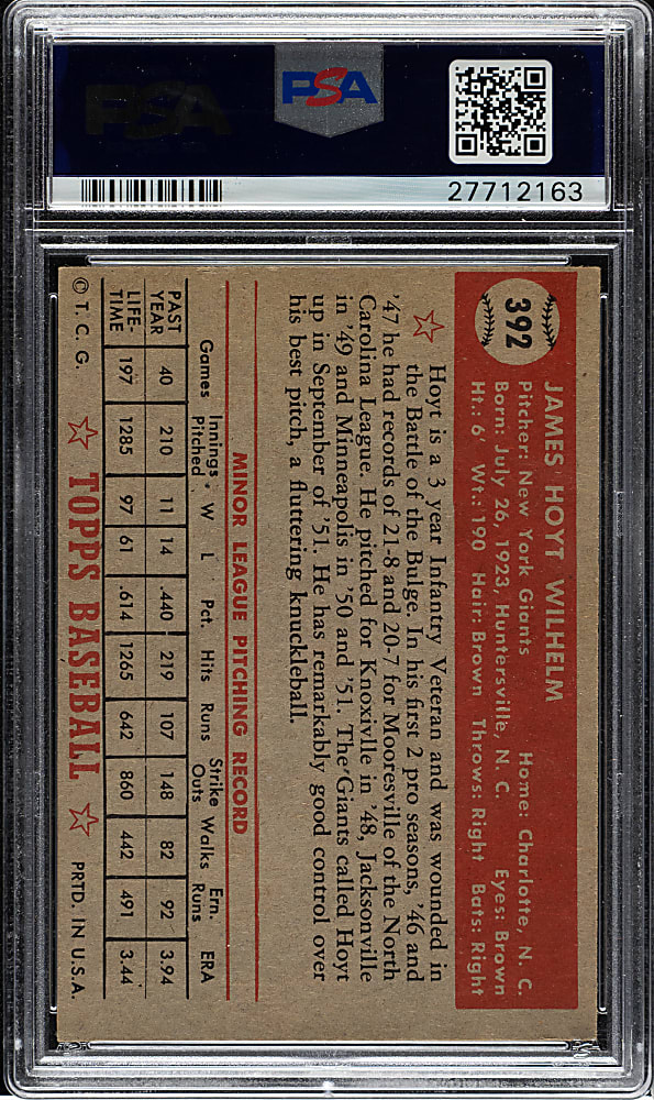 1952 Topps #392 Hoyt Wilhelm Rookie High Number PSA EX-MT 6