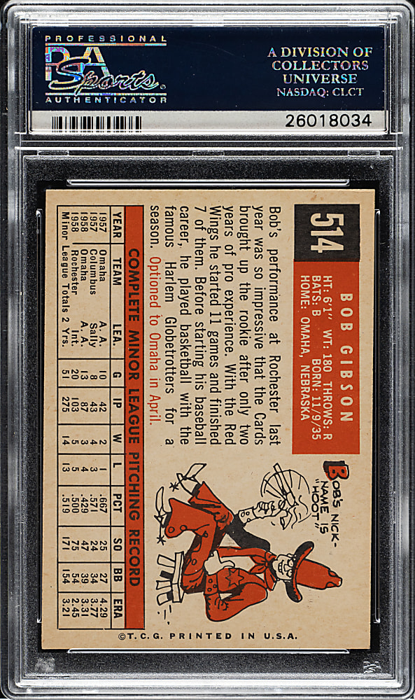 1959 Topps #514 Bob Gibson Rookie PSA NM 7