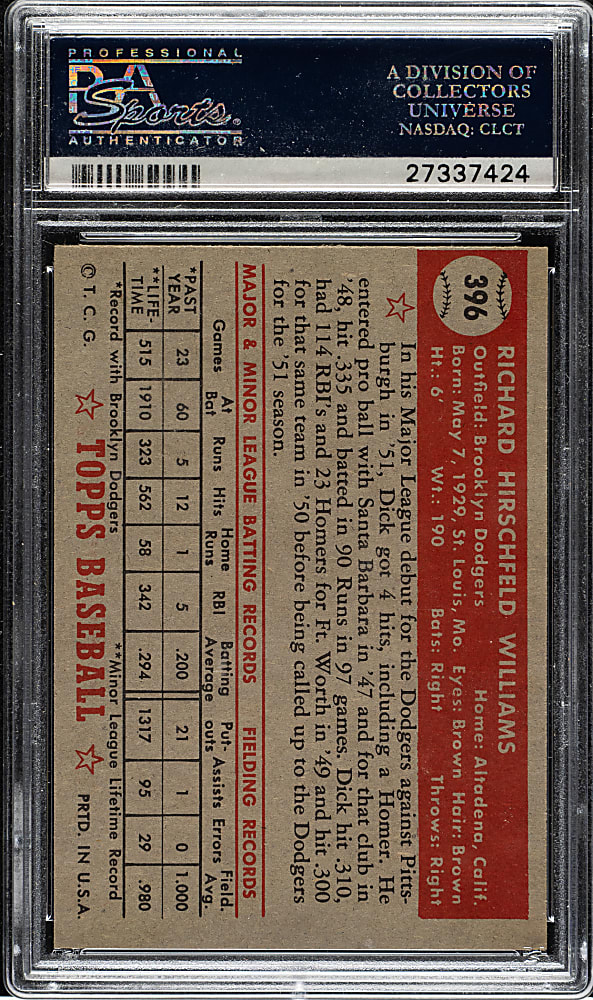 1952 Topps #396 Dick Williams Rookie High Number PSA EX-MT 6