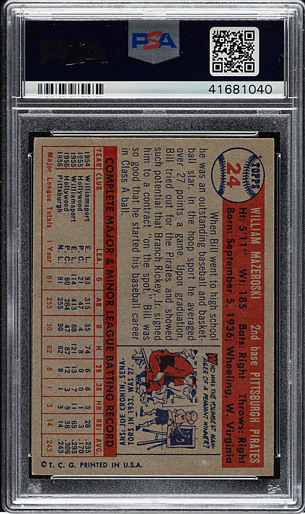 1957 Topps #24 Bill Mazeroski Rookie PSA NM-MT 8