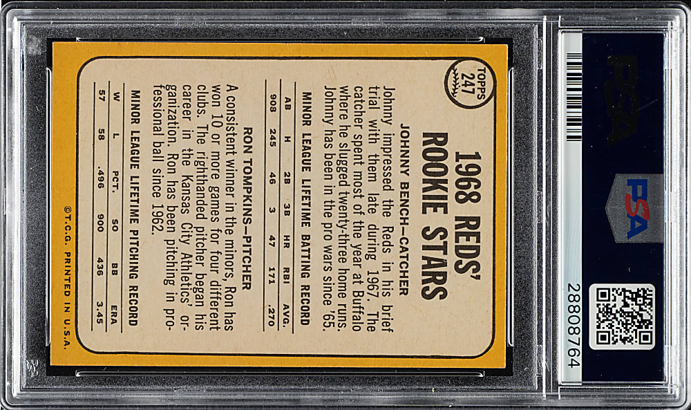 1968 Topps #247 Johnny Bench Rookie PSA NM 7