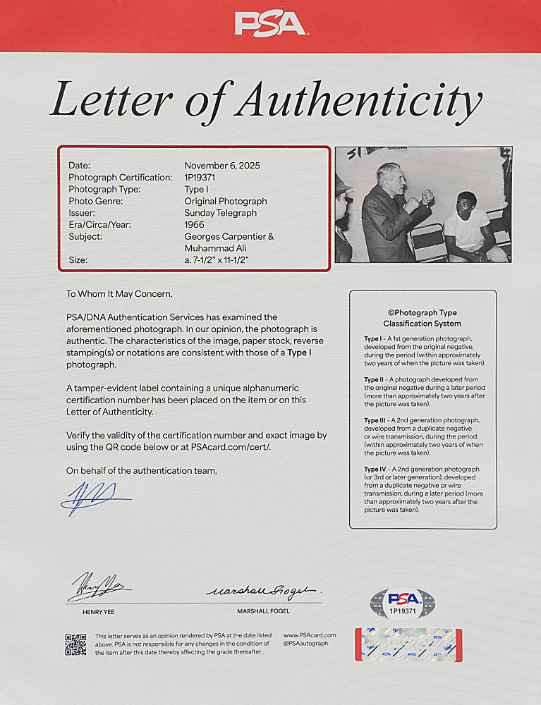 1966 Georges Carpentier and Cassius Clay (Muhammad Ali) Original Sunday Telegraph Photograph PSA/DNA Type I