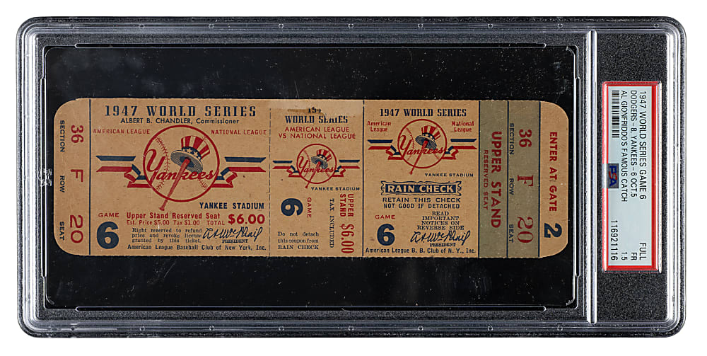 1947 New York Yankees (vs. Brooklyn Dodgers) World Series Game 6 Full Ticket PSA FAIR 1.5 - Al Gionfriddo's Catch