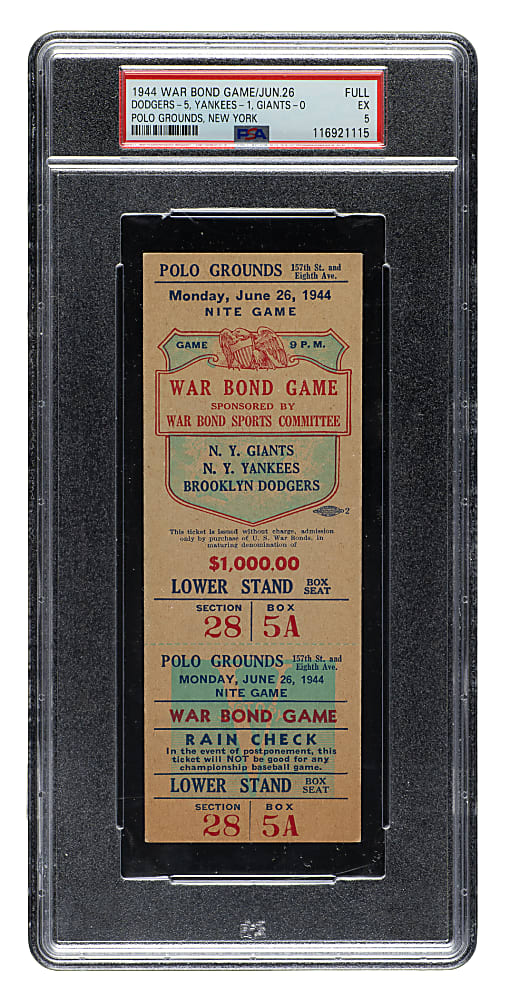 June 26, 1944 Tri-Cornered War Bond Game at the Polo Grounds Full Ticket PSA EX 5 - 1 of 1 - Highest Graded!
