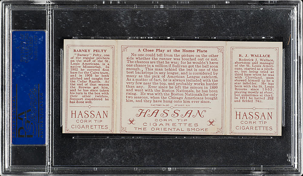 1912 T202 Hassan Triple Folder "A Close Play At Home" Bobby Wallace/Pelty PSA NM-MT 8 - Highest Graded!