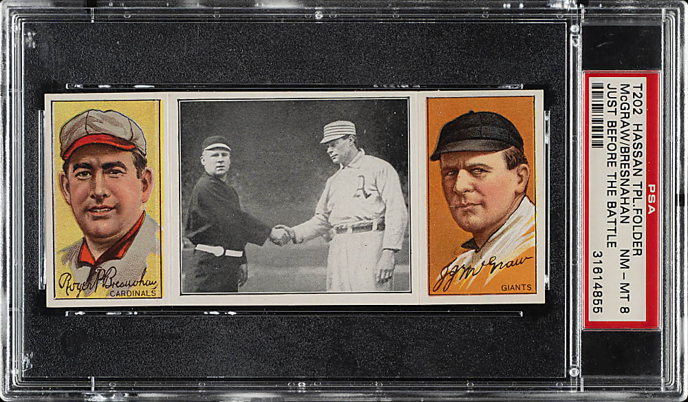 1912 T202 Hassan Triple Folder "Just Before the Battle" Roger Bresnahan/John McGraw PSA NM-MT 8