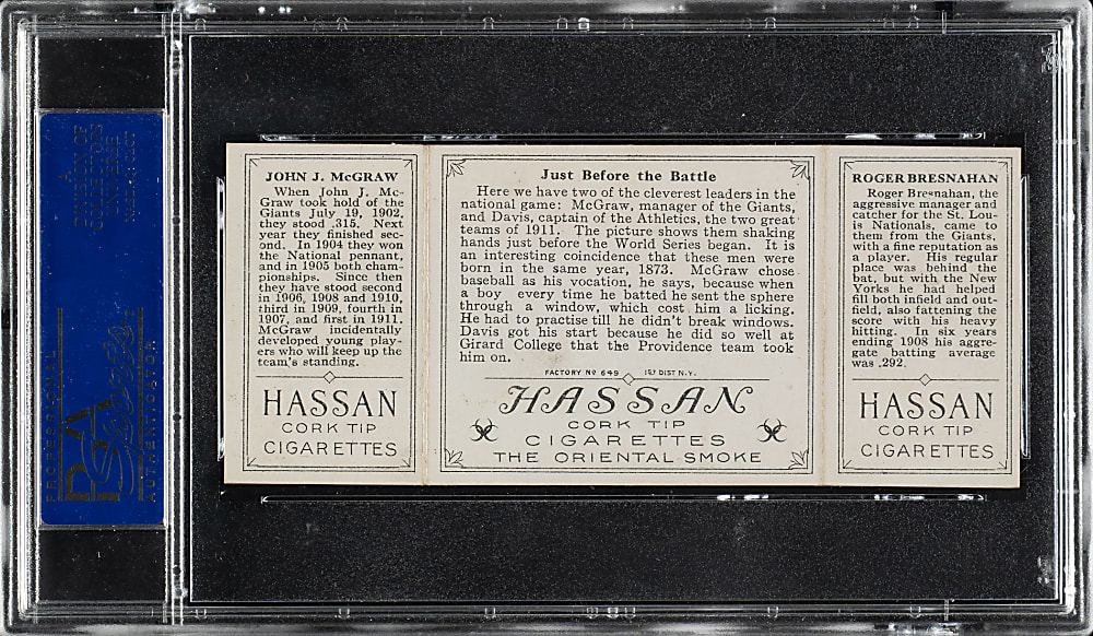 1912 T202 Hassan Triple Folder "Just Before the Battle" Roger Bresnahan/John McGraw PSA NM-MT 8
