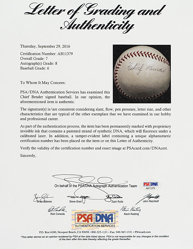 Chief Bender Single-Signed Baseball PSA/DNA NM-MT 8 Autograph Grade
