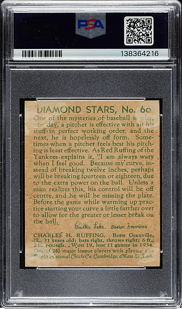 Signed 1934-1936 R327 Diamond Stars #60 Red Ruffing PSA GOOD 2 with MINT 9 Signature