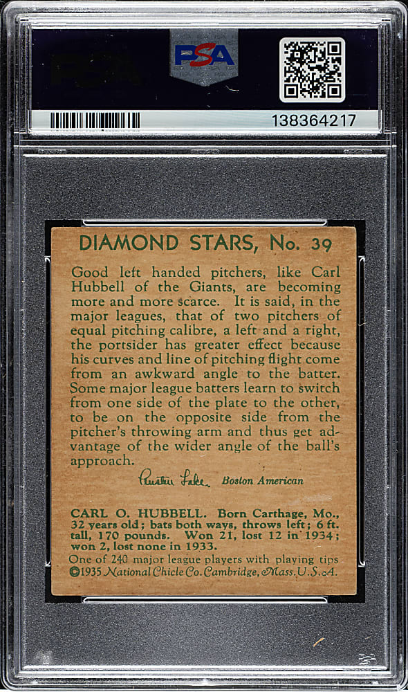 Signed 1934-1936 R327 Diamond Stars #39 Carl Hubbell PSA VG-EX 4 with GEM MINT 10 Signature
