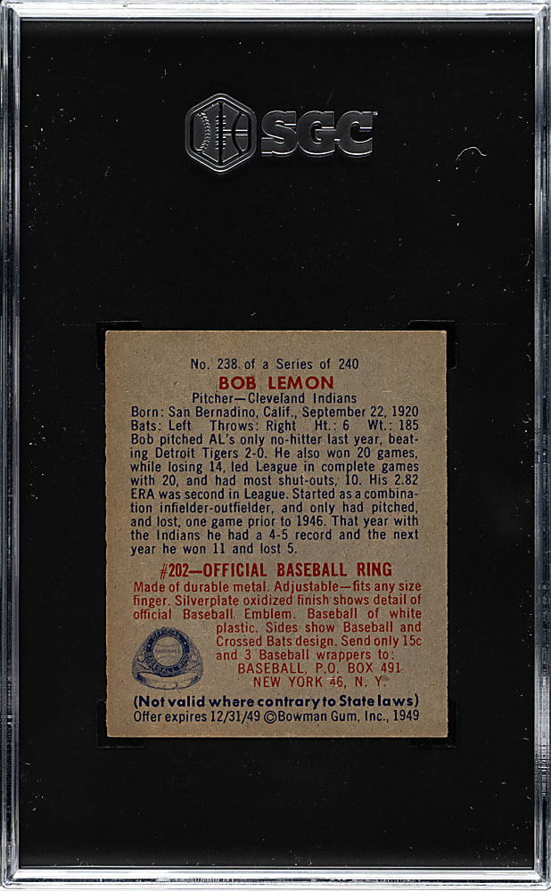 1949 Bowman #238 Bob Lemon Rookie SGC NM 7