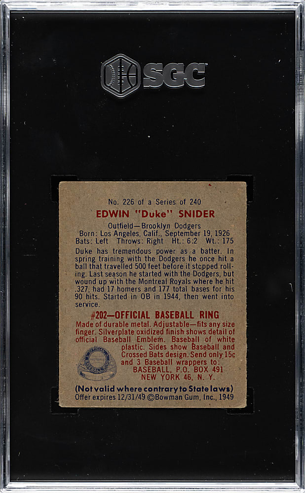 1949 Bowman #226 Duke Snider Rookie SGC VG/EX+ 4.5