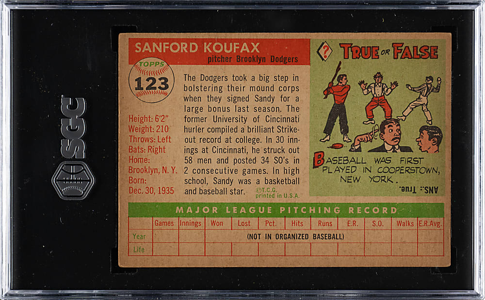 1955 Topps #123 Sandy Koufax Rookie SGC EX 5