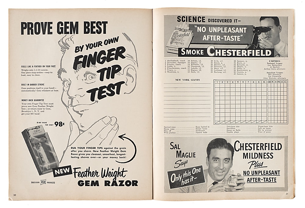 1951 New York Yankees vs. New York Giants World Series Program and Game 1 and 2 Ticket Stub Trio - Mickey Mantle and Willie Mays World Series Debut