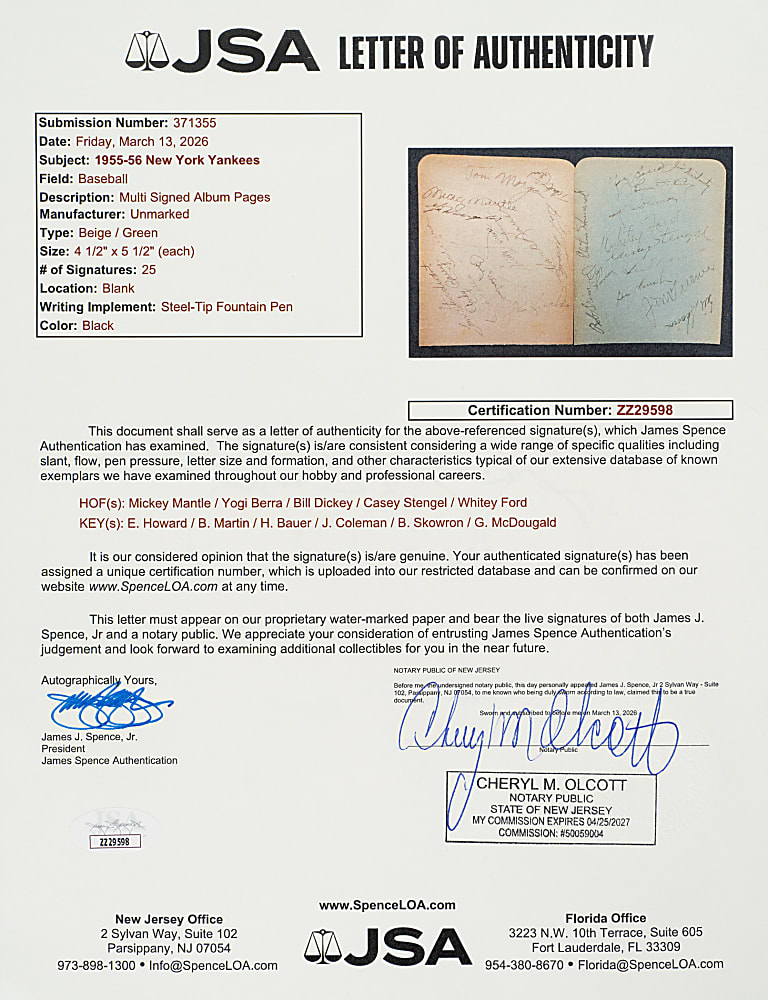 1955 New York Yankees American League Champions Team-Signed Album Page Pair with Mickey Mantle and Yogi Berra - JSA