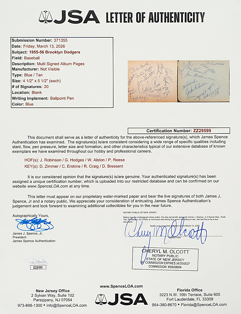 1956 Brooklyn Dodgers National League Champions Team-Signed Album Page Pair with Jackie Robinson, Gil Hodges, and Pee Wee Reese - JSA