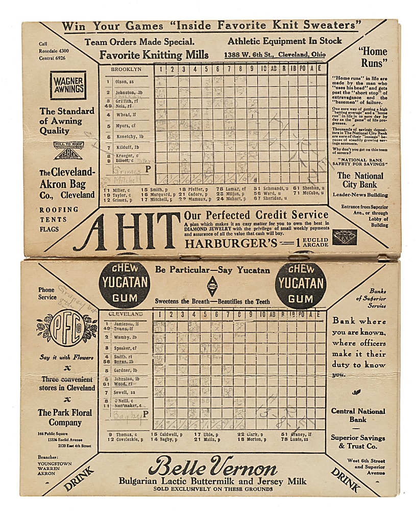 1920 Cleveland Indians (vs. Brooklyn Robins) World Series Game 5 Program - Scored for Bill Wambsganss' Unassisted Triple Play!