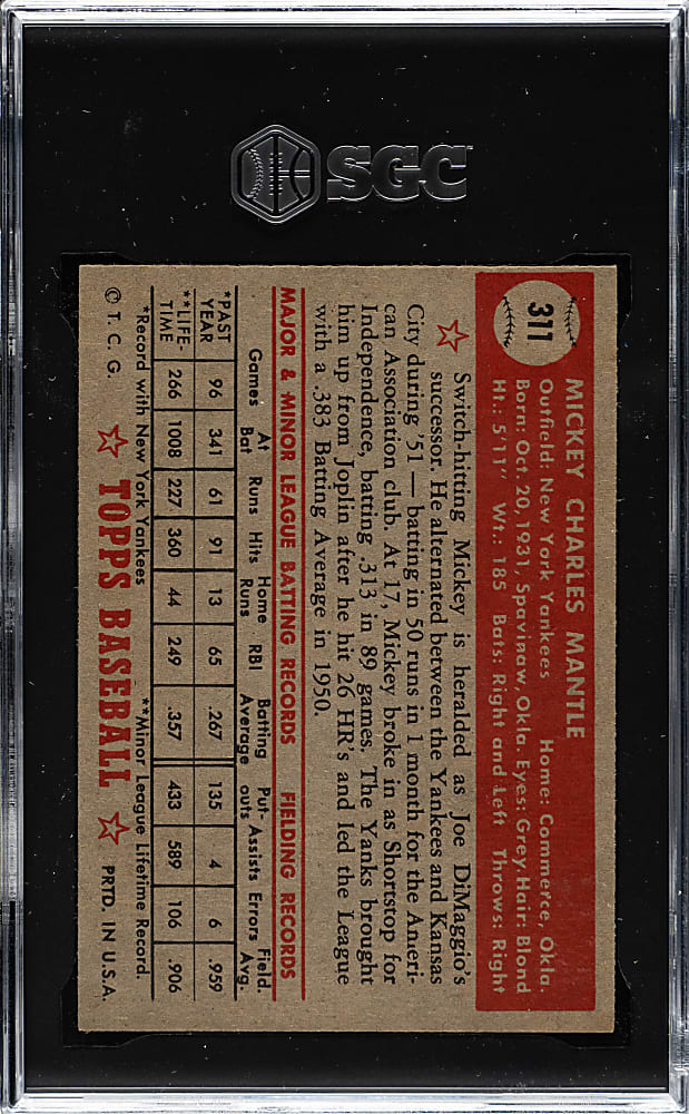 1952 Topps #311 Mickey Mantle SGC VG 3