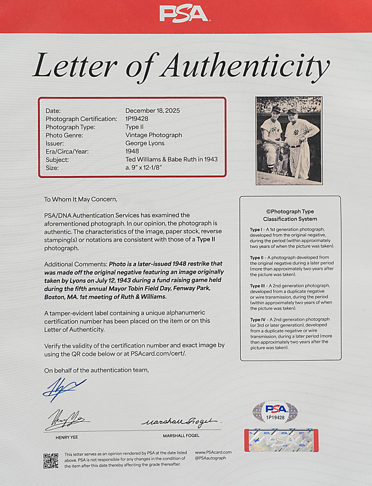 1948 Ted Williams and Babe Ruth in 1943 Vintage George Lyons Photograph PSA/DNA Type II