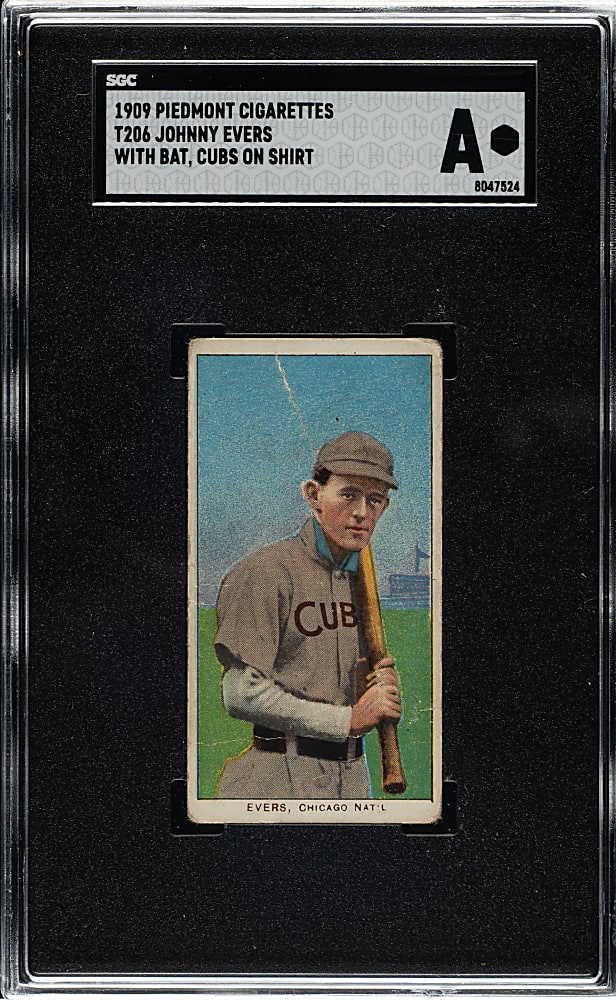 1909-1911 T206 White Border Johnny Evers with Bat, Cubs on Shirt - Interesting Printing Anomaly with Parts of Two Upside-Down Backs Showing!
