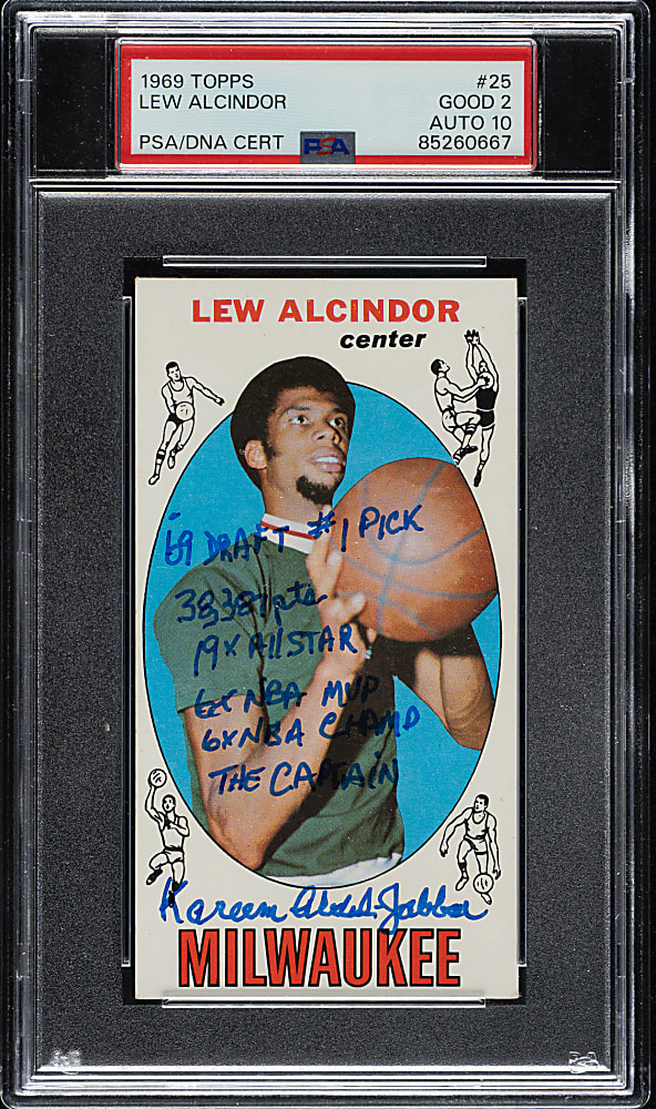 Signed 1969-1970 Topps Basketball #25 Kareem Abdul-Jabbar Rookie with Multiple Inscriptions PSA GOOD 2 with GEM MINT 10 Signature