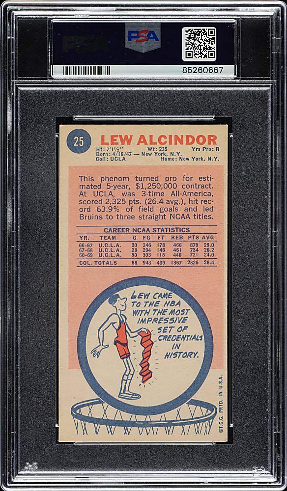 Signed 1969-1970 Topps Basketball #25 Kareem Abdul-Jabbar Rookie with Multiple Inscriptions PSA GOOD 2 with GEM MINT 10 Signature