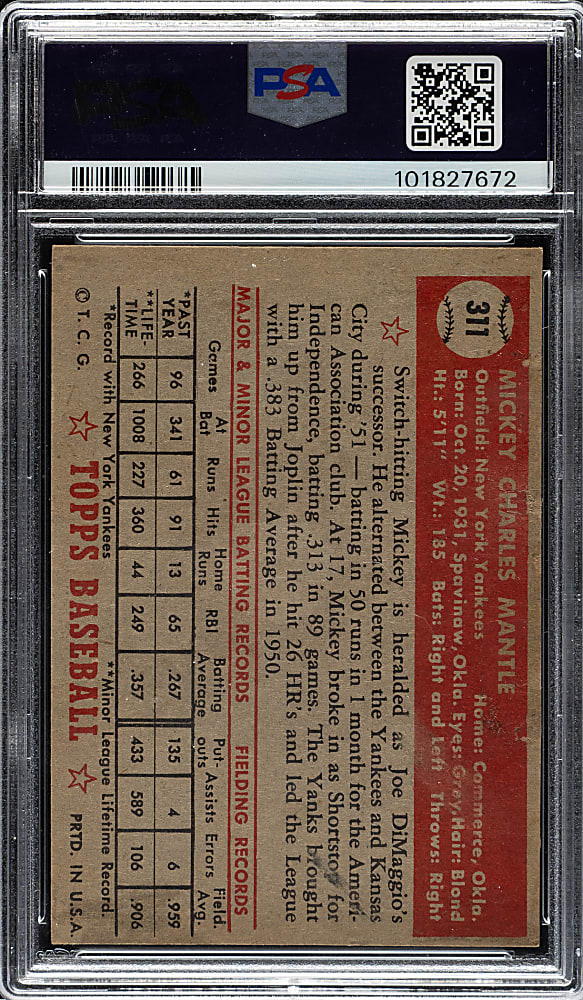 1952 Topps #311 Mickey Mantle PSA Authentic