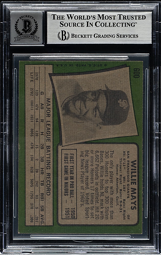 Signed 1971 Topps #600 Willie Mays Beckett NM-MT 8