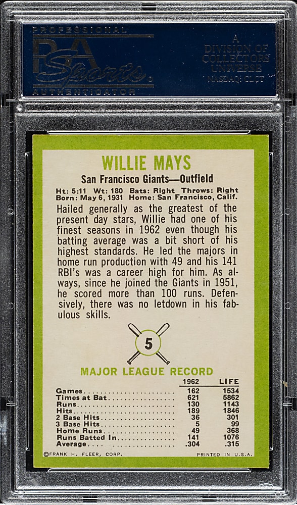1963 Fleer #5 Willie Mays PSA NM-MT 8