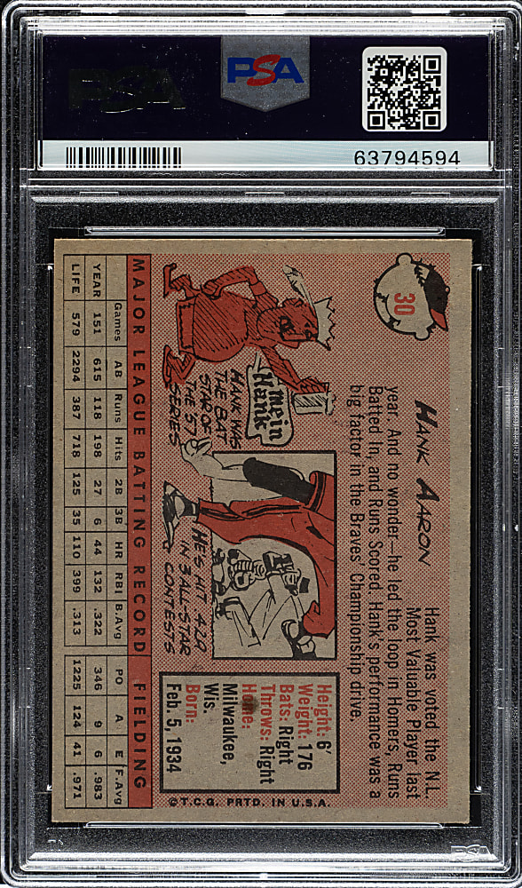 1958 Topps #30 Hank Aaron Yellow Letters PSA EX-MT 6