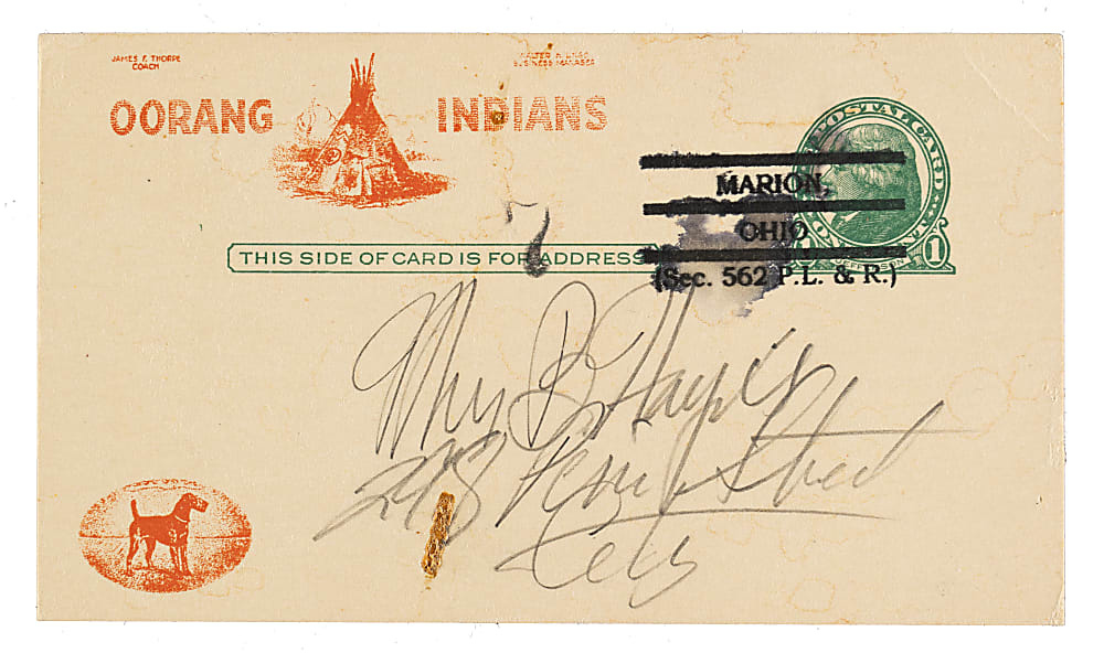 1922 Oorang Indians (vs. Columbus Panhandles) Government Postcard - Jim Thorpe Oorang Coach
