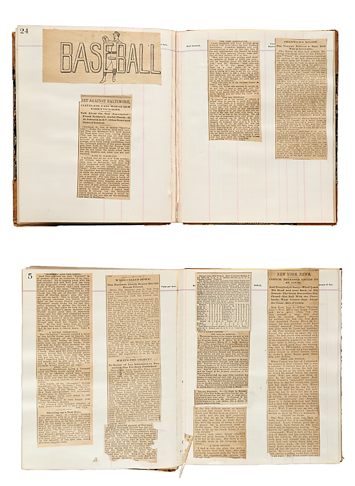 1894-1895 John Montgomery Ward Scrapbook Pair Including 1895 New York Ticket Stub