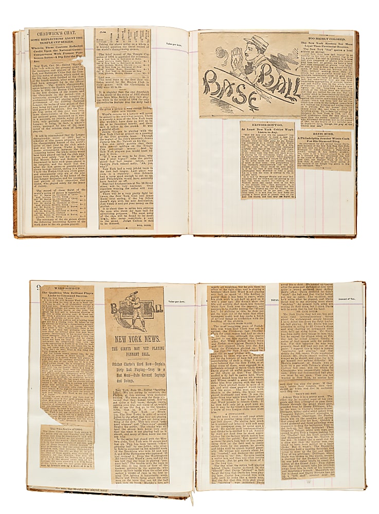 1894-1895 John Montgomery Ward Scrapbook Pair Including 1895 New York Ticket Stub