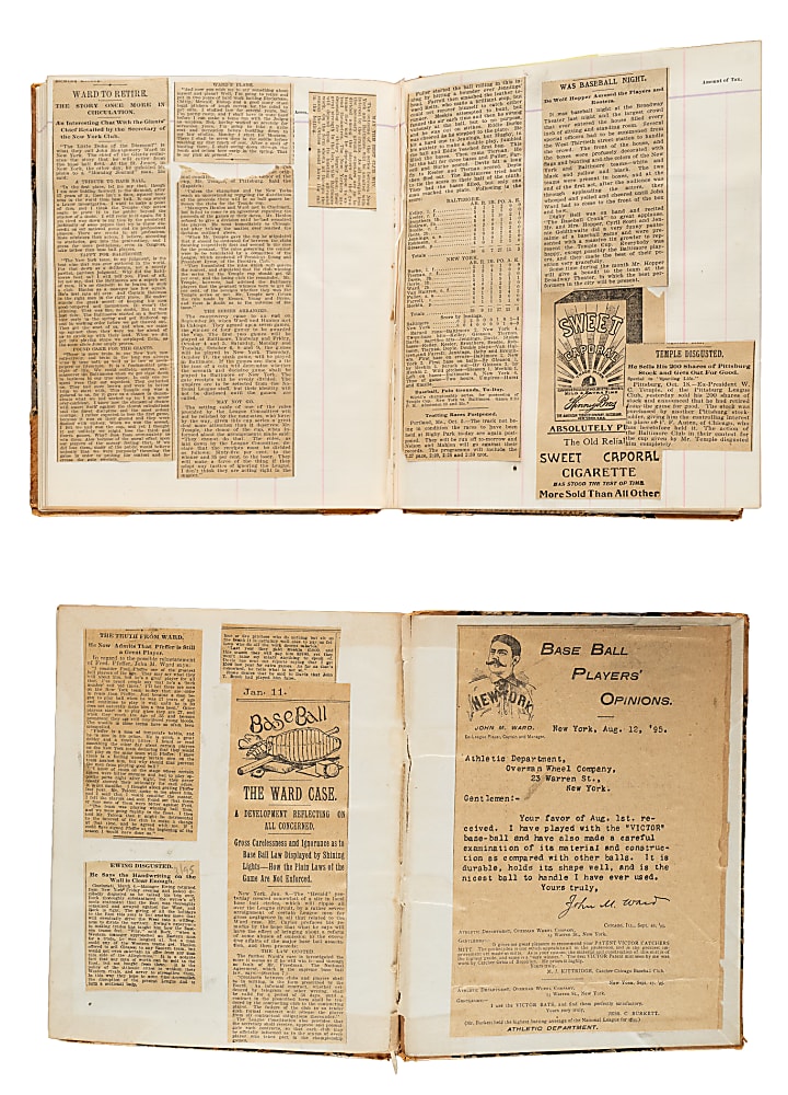 1894-1895 John Montgomery Ward Scrapbook Pair Including 1895 New York Ticket Stub