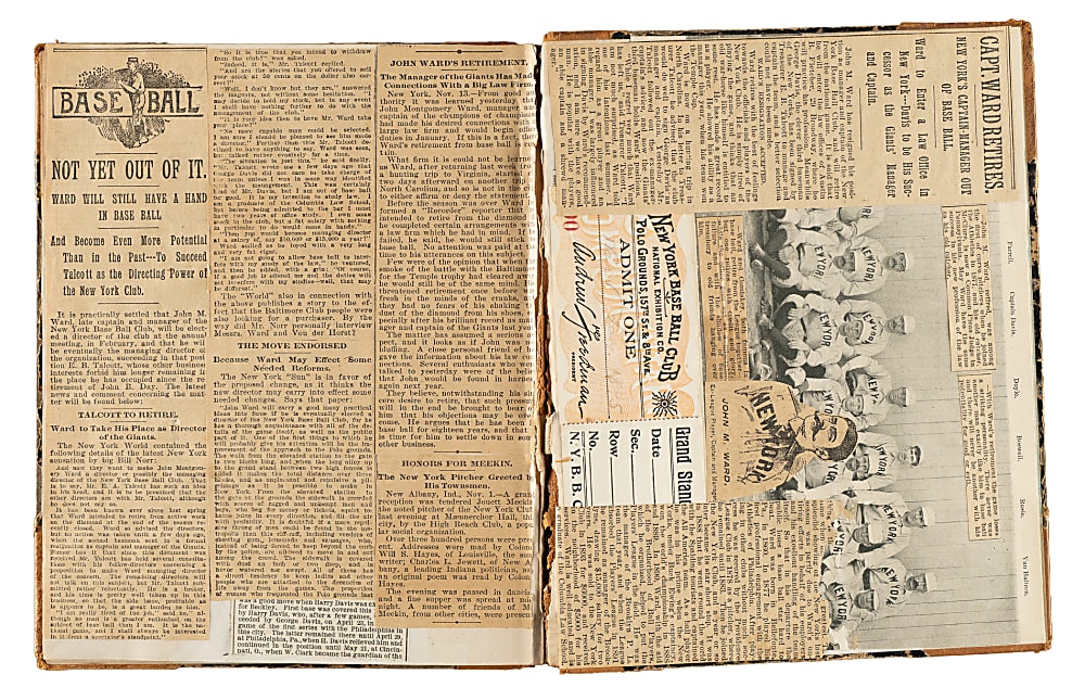 1894-1895 John Montgomery Ward Scrapbook Pair Including 1895 New York Ticket Stub