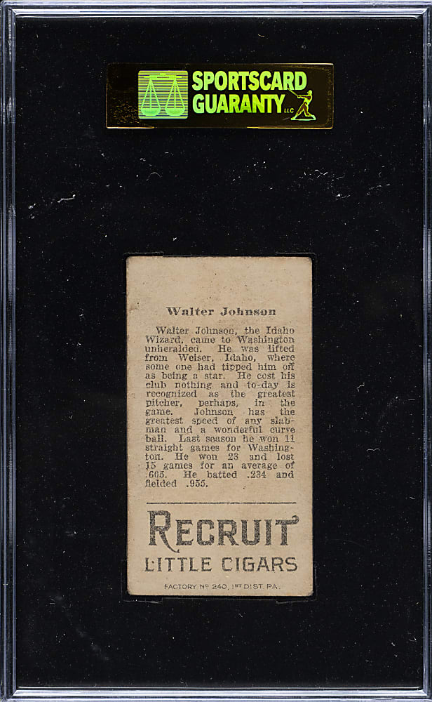 1912 T207 Brown Background Walter Johnson SGC VG 40