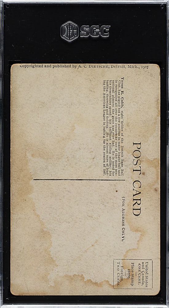 1907 PC765 A. C. Dietsche Detroit Tigers Postcard Ty Cobb Rookie Batting SGC FAIR 1.5