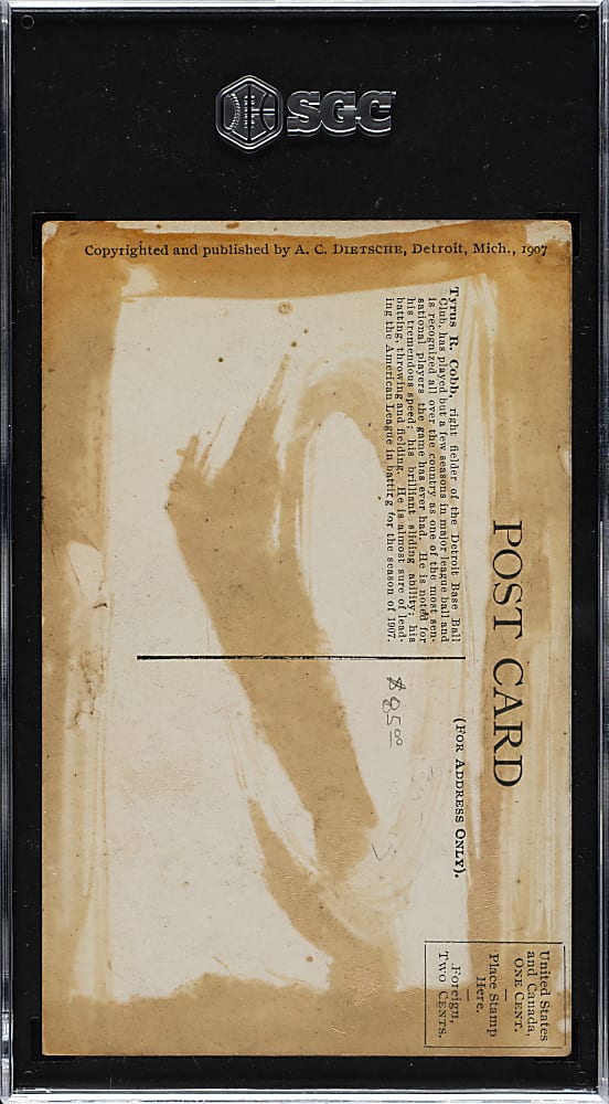 1907 PC765 A. C. Dietsche Detroit Tigers Postcard Ty Cobb Rookie Batting - SGC