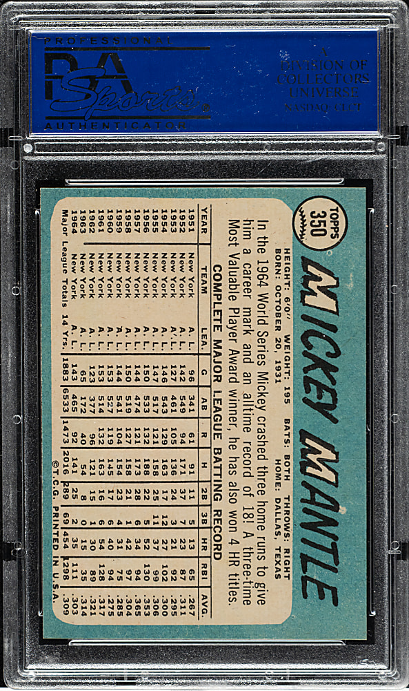 1965 Topps #350 Mickey Mantle PSA NM-MT 8