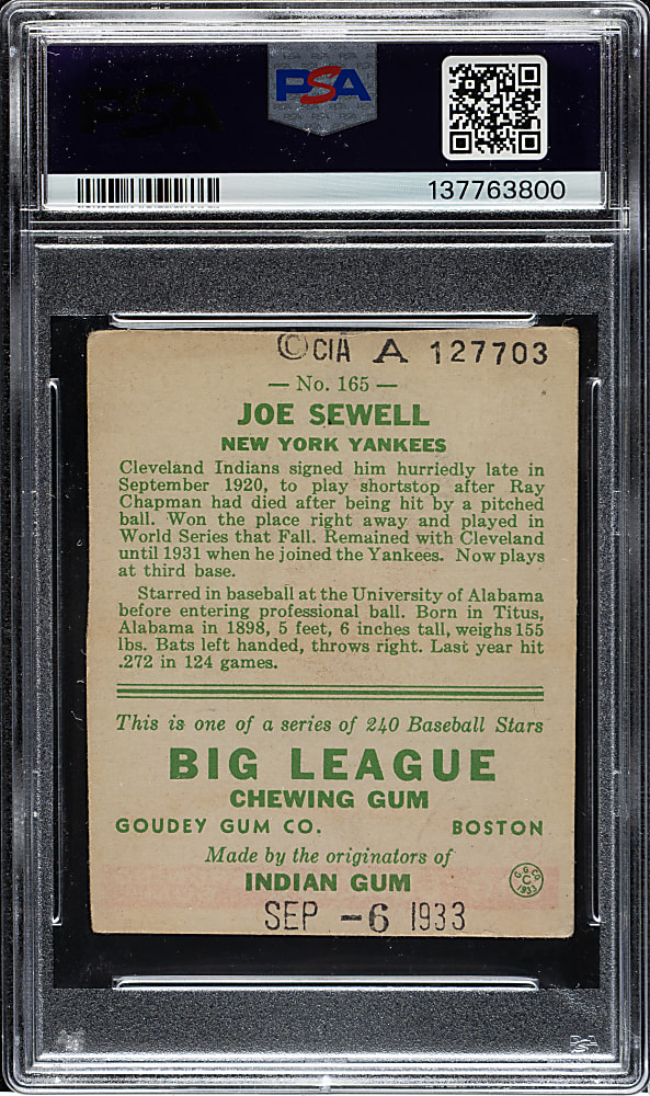 Signed 1933 R319 Goudey ##165 Joe Sewell File Card PSA/DNA GEM MINT 10