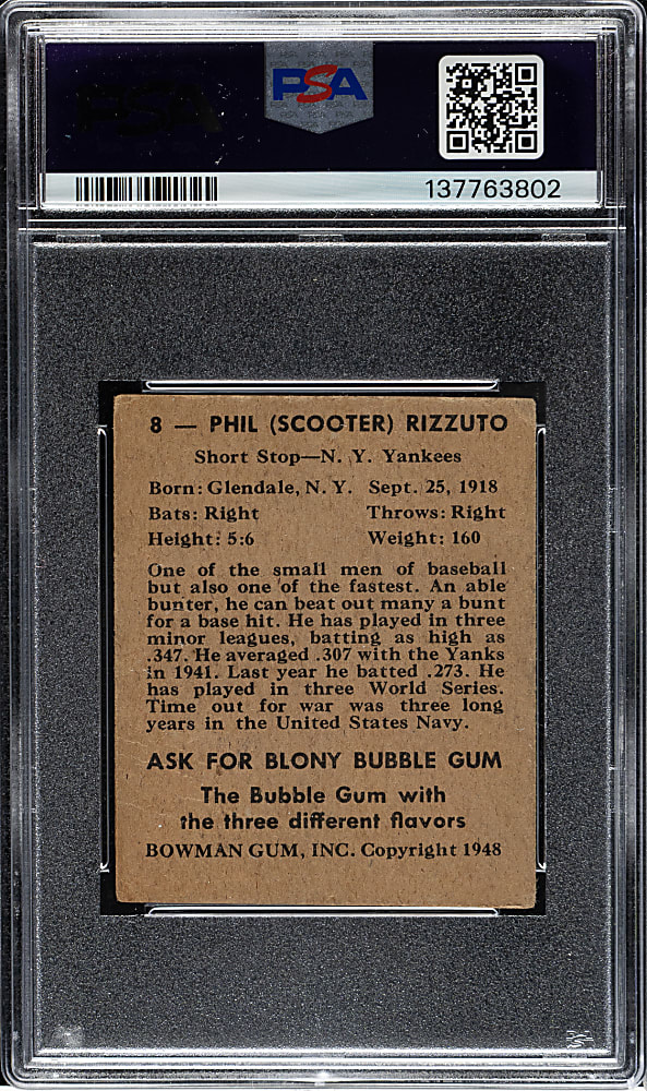 Signed 1948 Bowman #8 Phil Rizzuto PSA/DNA NM-MT 8