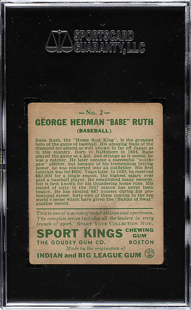 1933 R338 Sport Kings #2 Babe Ruth SGC VG 40