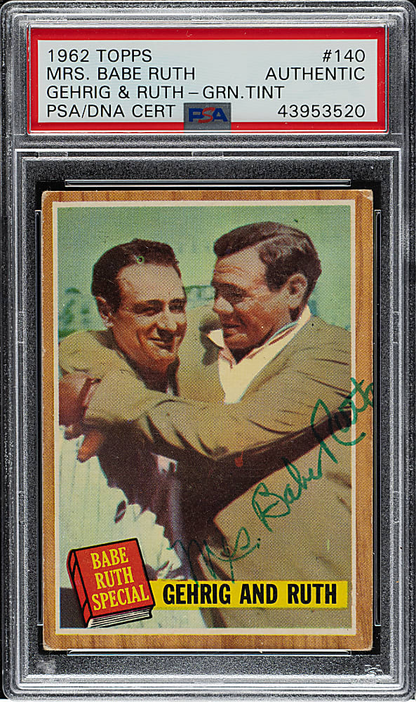 Signed 1962 Topps #140 Babe Ruth and Lou Gehrig Green Tint - PSA/DNA - Signed by Mrs. Babe Ruth