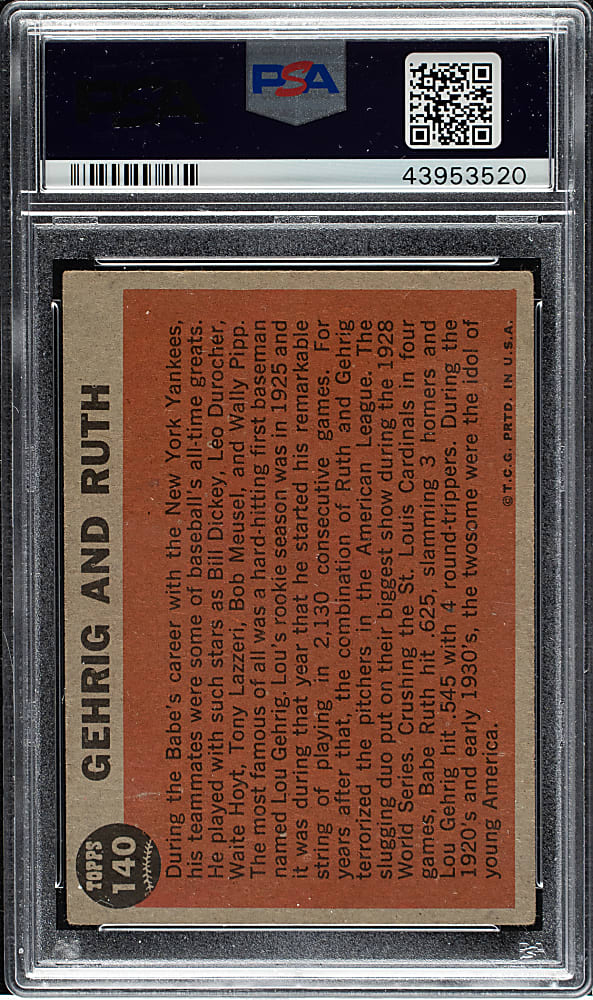 Signed 1962 Topps #140 Babe Ruth and Lou Gehrig Green Tint - PSA/DNA - Signed by Mrs. Babe Ruth