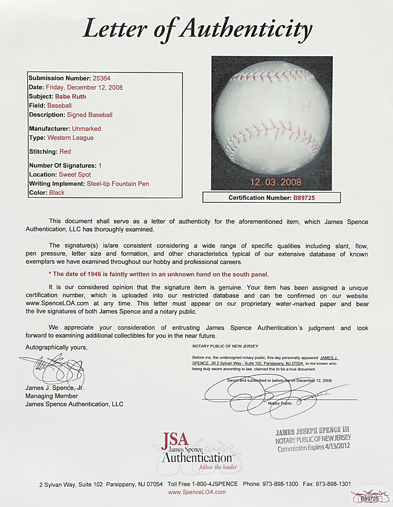 1946 Babe Ruth Single-Signed Baseball - JSA