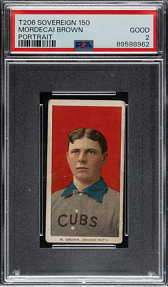 1909-1911 T206 White Border Mordecai Brown Portrait PSA GOOD 2 - Sovereign 150 Back