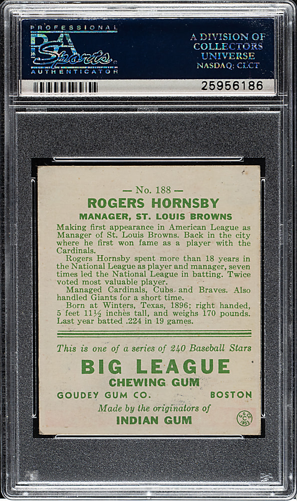 1933 R319 Goudey #188 Rogers Hornsby PSA EX 5