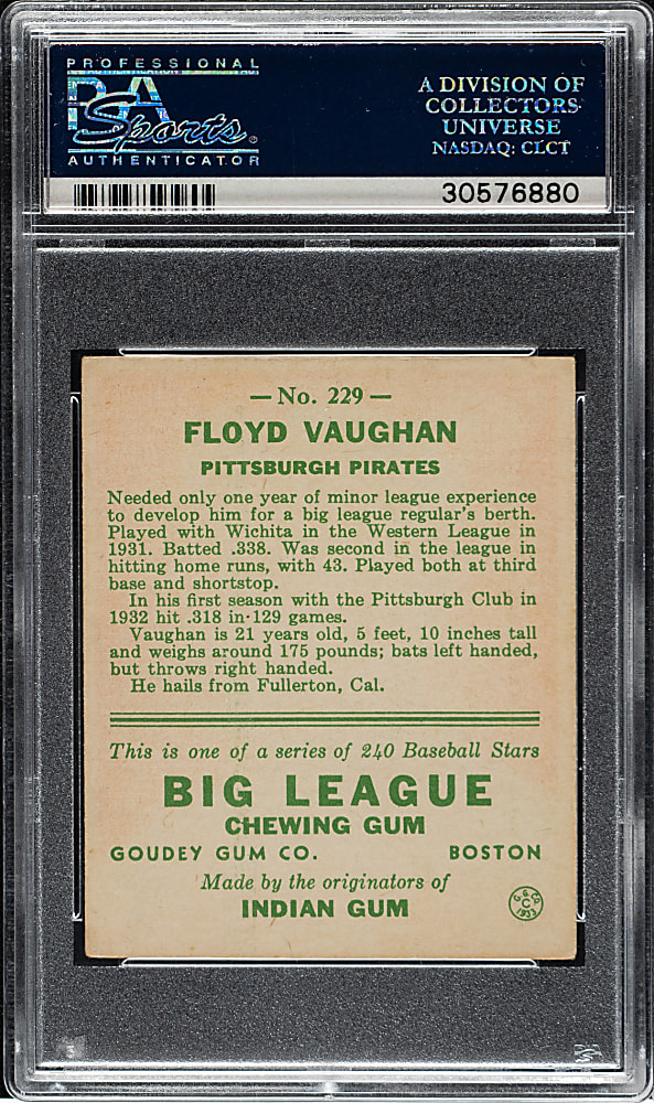 1933 R319 Goudey #229 Floyd "Arky" Vaughan PSA EX-MT 6
